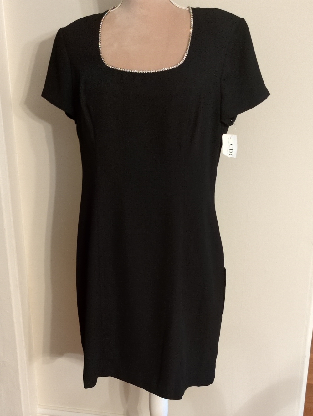 NWT Black Short-Sleeve Square Neck Dress with Rhinestone Trim
